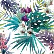 papiers peints adhésifs tapisserie tropicale - Sticker tapisserie tropicale orchidées sauvages et feuilles de palmier - ambiance-sticker.com