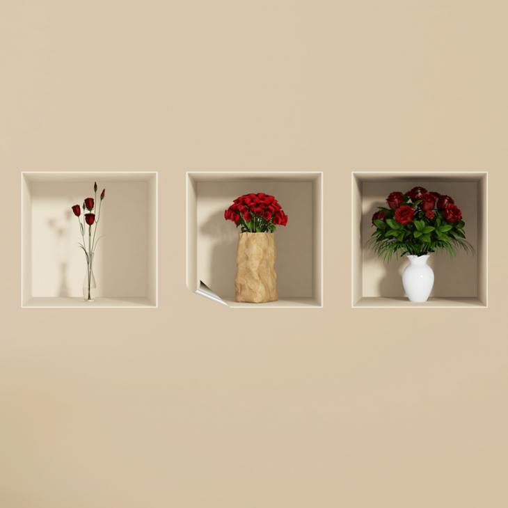 Wall decals for doors - Wall 3D Red roses flowers - ambiance-sticker.com
