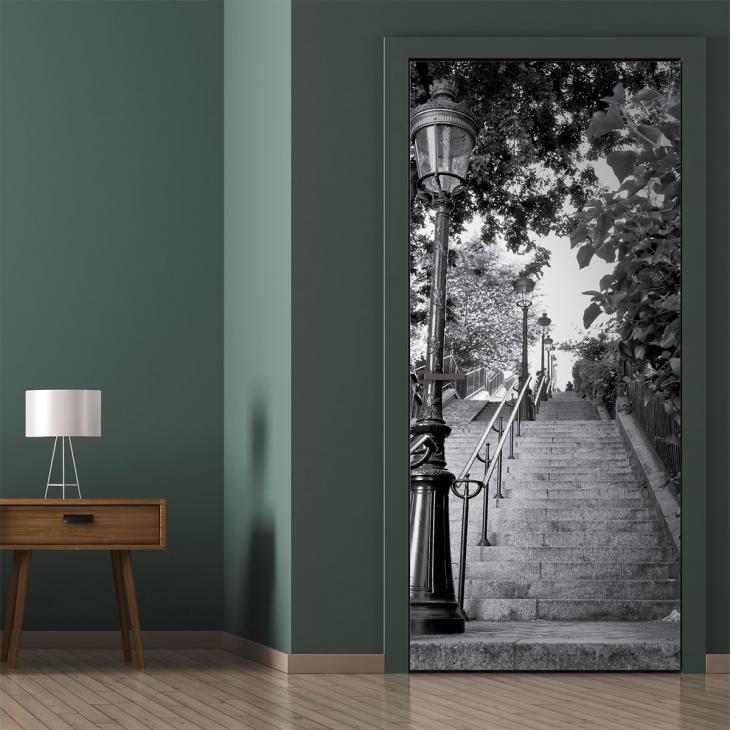 Wall decals for doors - Wall decal door Parisian stairs - ambiance-sticker.com