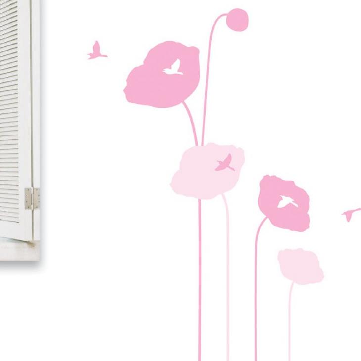 Flowers wall decals - Pink poppy flowers and birds wall decals - ambiance-sticker.com