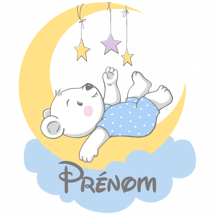 Stickers muraux prénom - Sticker prénom personnalisé bébé ourson couché sur la lune - ambiance-sticker.com