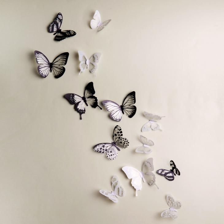 Pack de 18 papillons 3D adhésifs translucides noir et blanc - ambiance-sticker.com