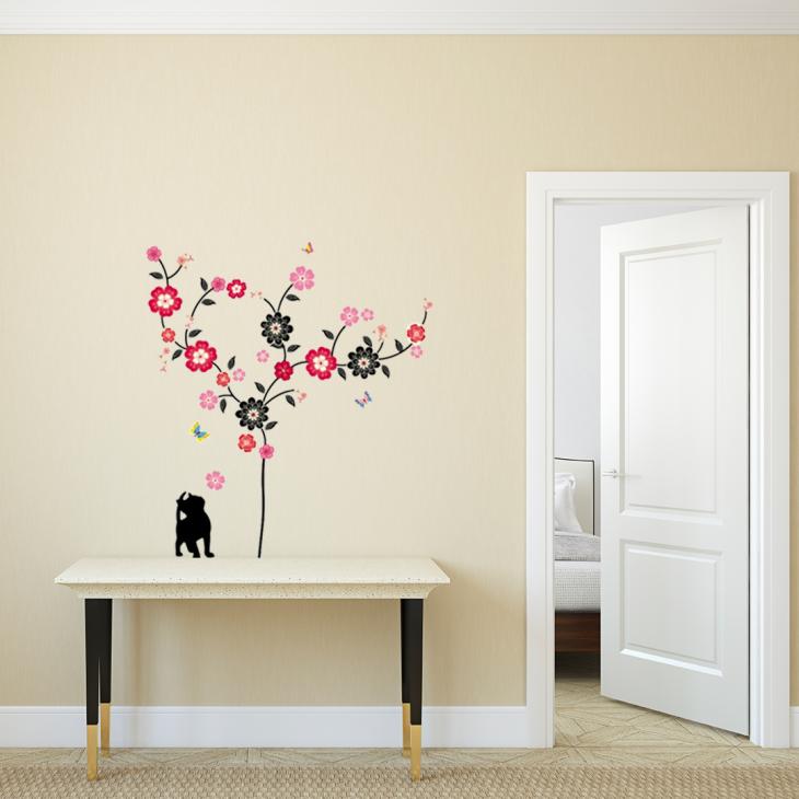 Stickers muraux fleurs - Sticker arbre en fleur, chat et papillons - ambiance-sticker.com