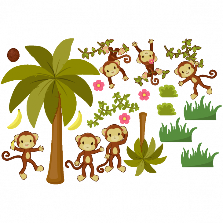 Stickers muraux pour les enfants - Sticker 6 singes dans la jungle et palmiers - ambiance-sticker.com