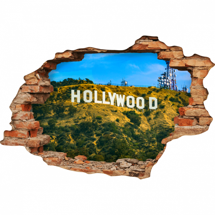 Sticker muraux trompe l'oeil -  Sticker trompe l'oeil vue sur la colline d'Hollywood - ambiance-sticker.com