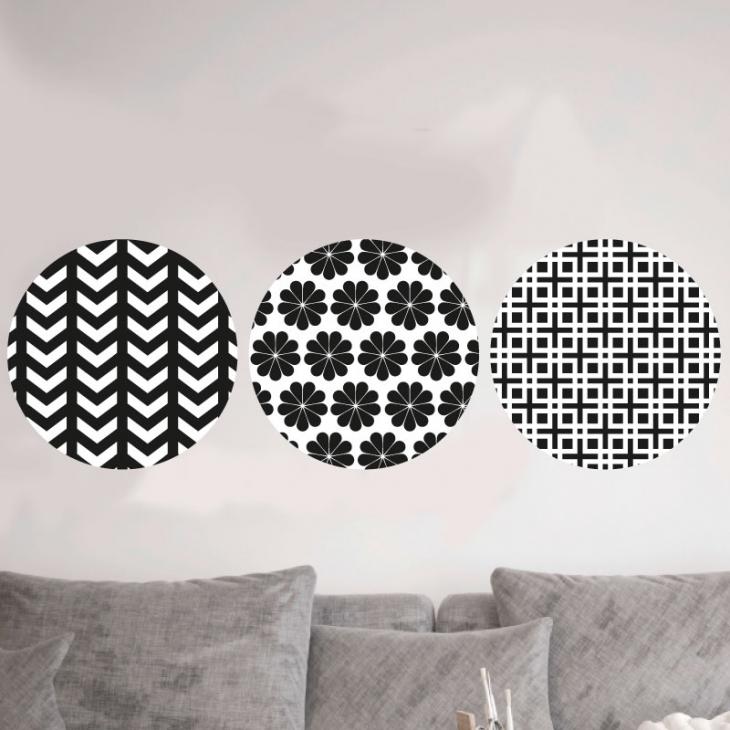 3 dekorative kreise Schwarz und Weißes mit blumen - ambiance-sticker.com