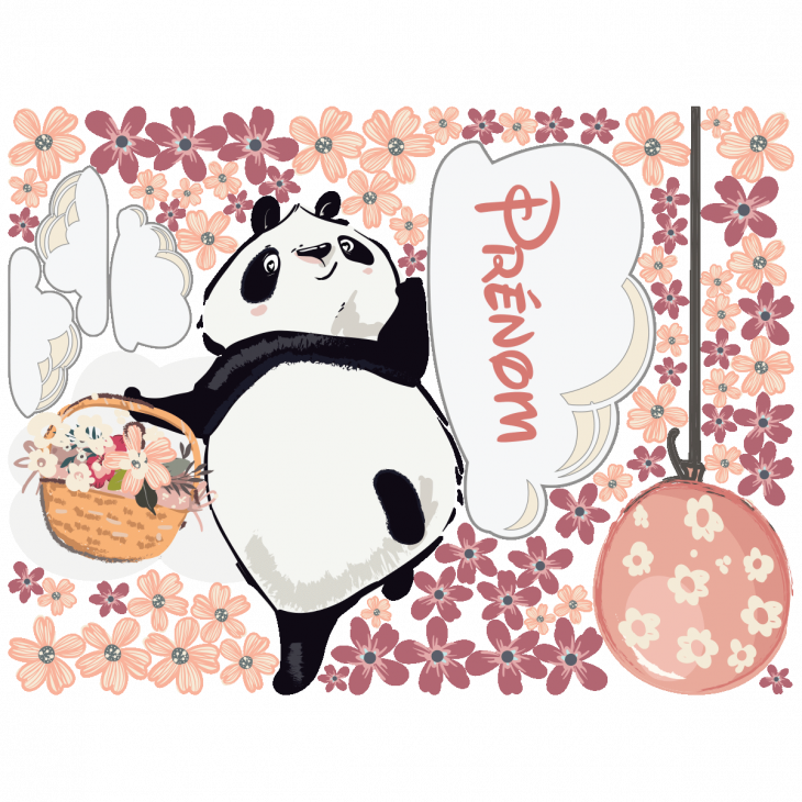 Wandtattoos Namen - Wandtattoo anpassbare kinderzimmer Panda auf einem Blumenspaziergang - ambiance-sticker.com