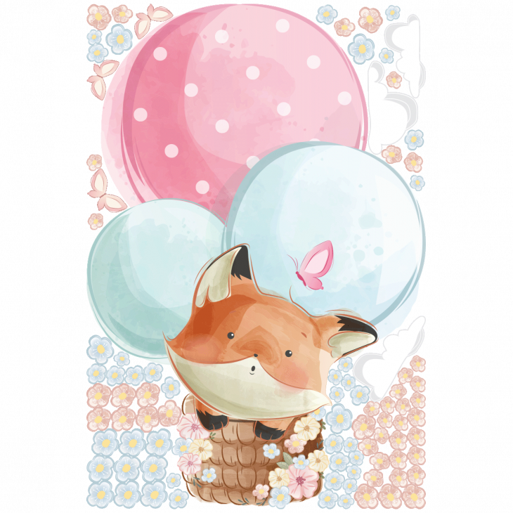 Wandtattoos kinderzimmer - Wandtattoo fox in hot air balloon + 80 Blumen - ambiance-sticker.com