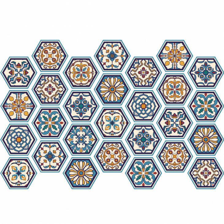 Wandtatoos Hexagon Zementfliesen - Wandtattoo Sechseck-Fliesen patiniertes Holz blaugrün - ambiance-sticker.com