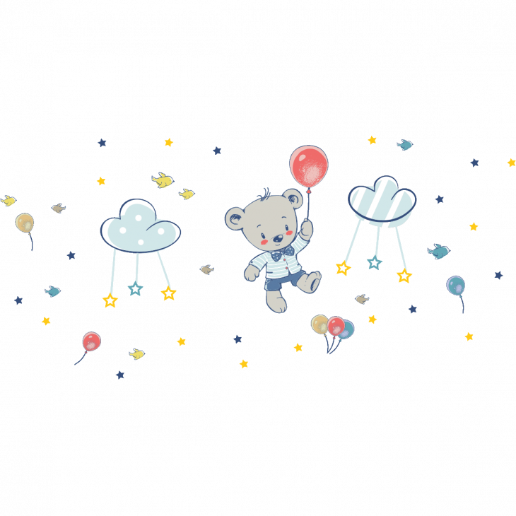 Wandtattoos tiere - Aufkleber Teddybär und Luftballons fliegen in den Wolken - ambiance-sticker.com