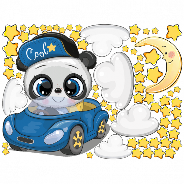 Wandtattoos kinderzimmer - Wandtattoos Panda mit dem Auto und 60 Sterne - ambiance-sticker.com