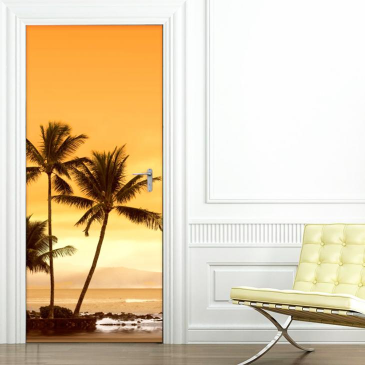 Wall decals for doors -Wall decal door palm trees on the beach and sunset - ambiance-sticker.com