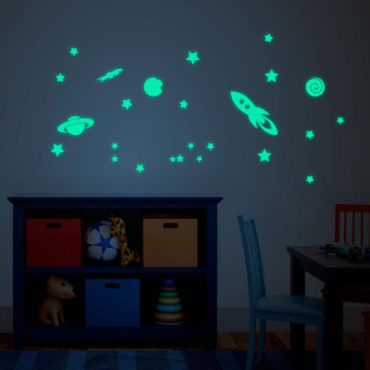 Glow in the dark wall decals - Wall decal Glow in the dark 2 Rockets, 20 Stars and 3 Planets - ambiance-sticker.com