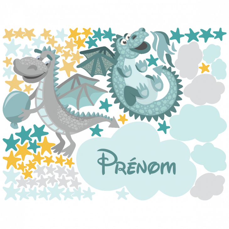 Wall sticker Names - Wall sticker turquoise and gray dinosaurs customizable names - ambiance-sticker.com