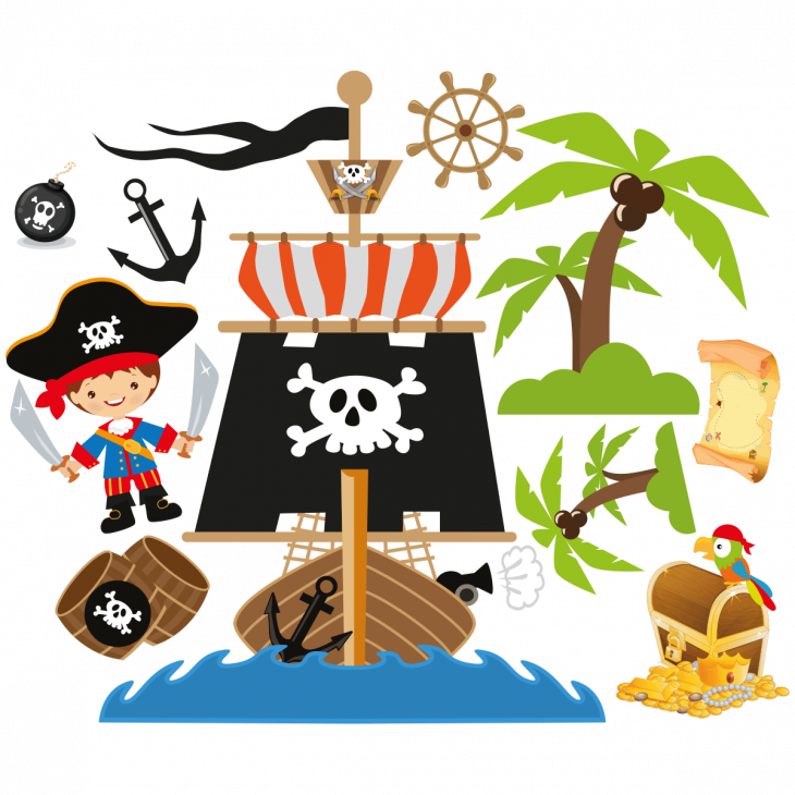 Wall decals for kids - Wall sticker pirate and his boat - ambiance-sticker.com