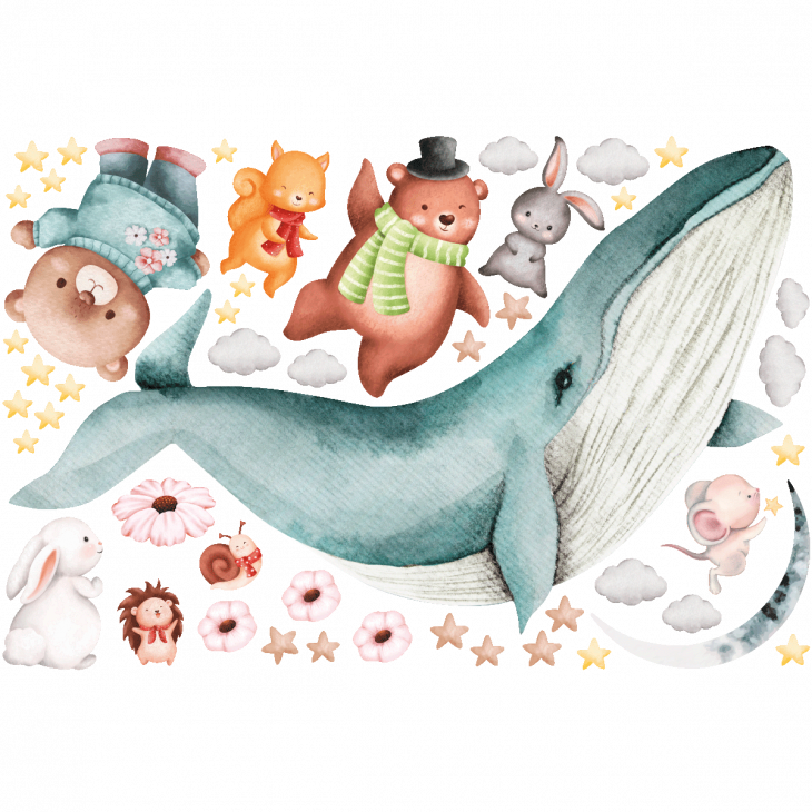 Animals wall decals - Wall decals animals blue whale and his friends between the stars - ambiance-sticker.com