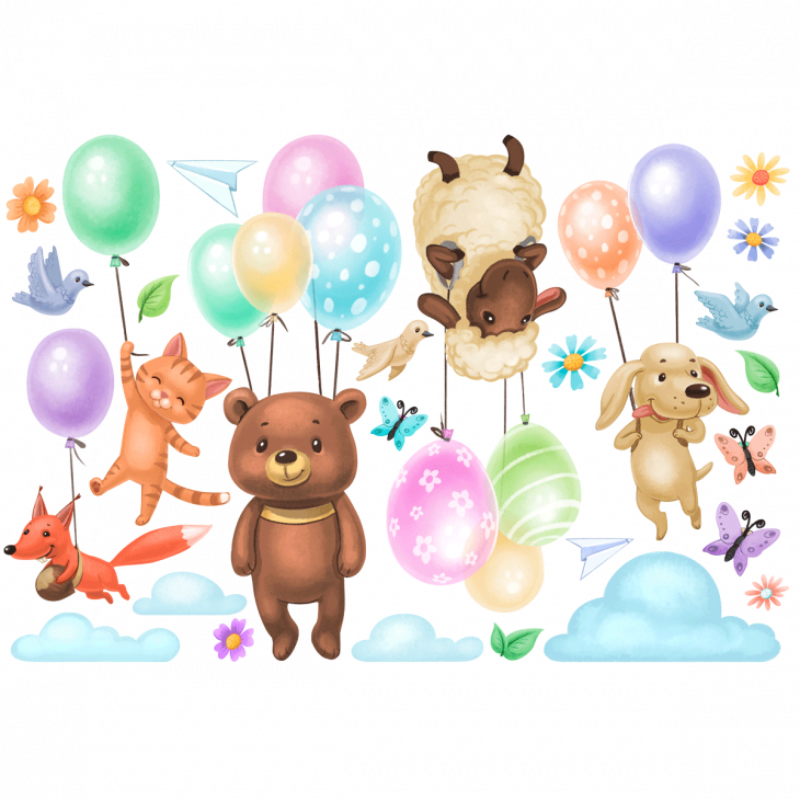 Animals wall decals - Wall decals animals on trip with balloons - ambiance-sticker.com