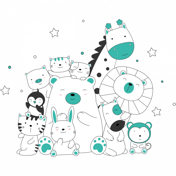Wall decals child animals Wall decals animals happy together turquoise - ambiance-sticker.com