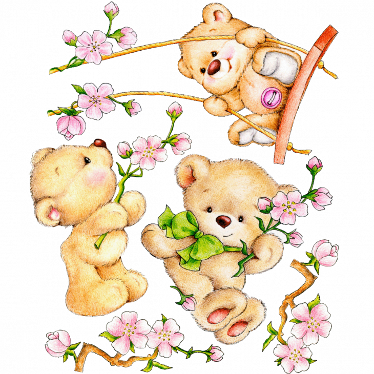 Wall decals child animals Wall decals animals teddy bears and pink flowers - ambiance-sticker.com