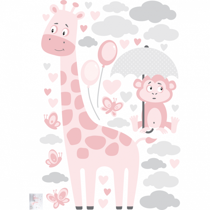 Animals Wall Stickers - Giraffes and monkeys walking under a rain of hearts wall decal - ambiance-sticker.com