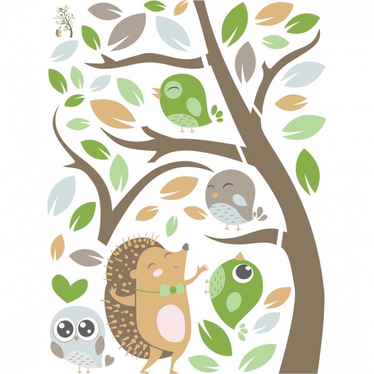 Wall decals for kids - hedgehogs and forest birds wall decal - ambiance-sticker.com