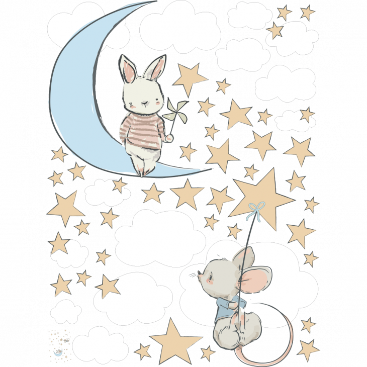 Stickers muraux pour les enfants - Stickers lapin et souris dans le ciel étoilé - ambiance-sticker.com