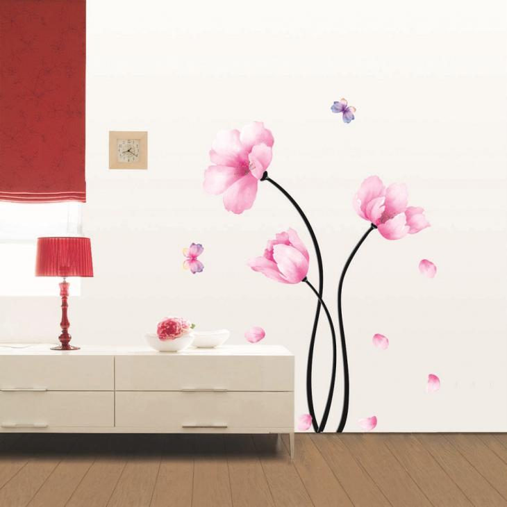 Pegatina de flores de color rosa y mariposas - ambiance-sticker.com