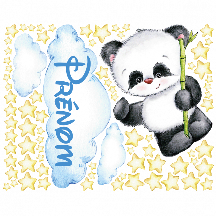 Vinilos Nombres - Vinilo nombres personalizable panda con su bambú + 70 estrellas - ambiance-sticker.com