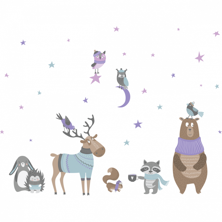 Vinilos infantiles de paredes - Pegatinas de animales escandinavos bajo el cielo estrellado - ambiance-sticker.com