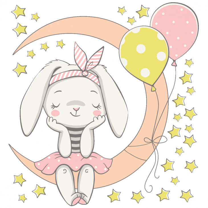 Vinilos infantiles de paredes - Vinilos niño conejo sentado en la luna y 30 estrellas - ambiance-sticker.com