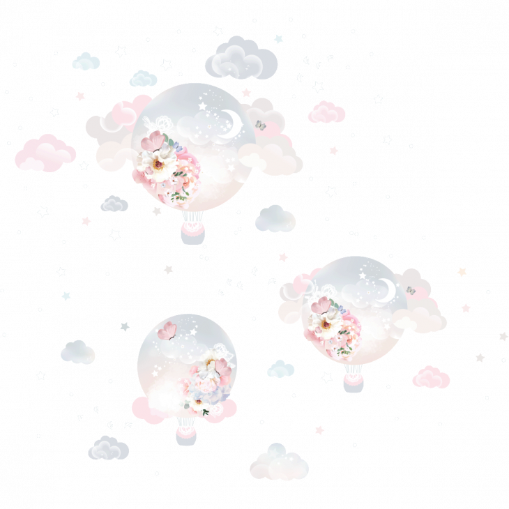 Vinilos infantiles de paredes - Vinilo gigantes globos aerostáticos bohemios, estrellas y mariposas - ambiance-sticker.com