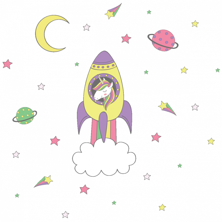 Vinilos infantiles de paredes - Vinilos unicornio y su cohete en el espacio. - ambiance-sticker.com