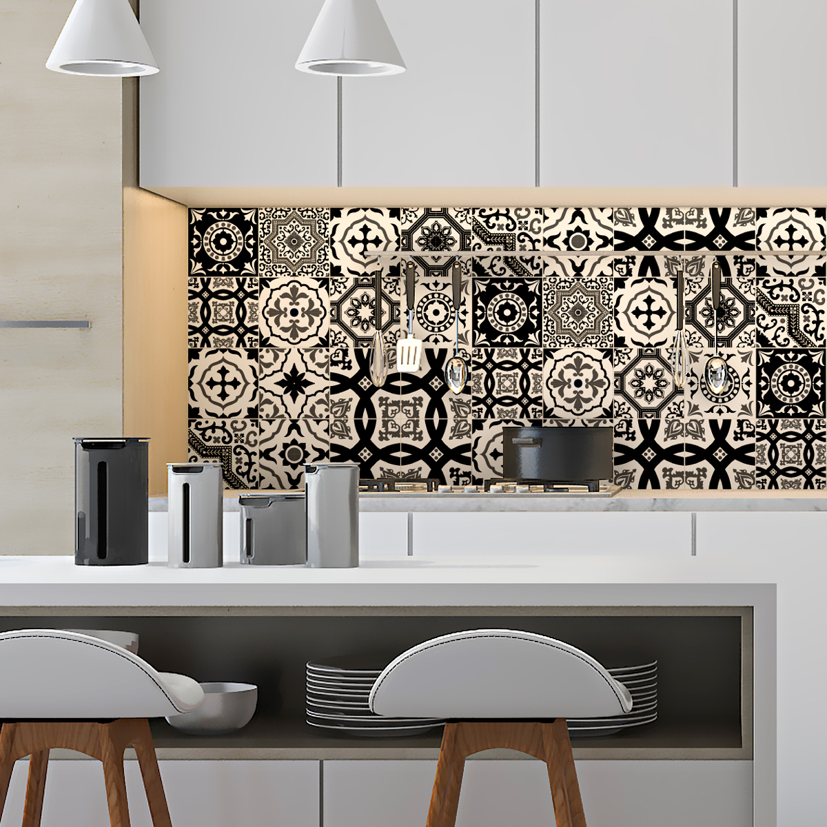 16 stickers carrelages azulejos modernes nuance noir et blanc