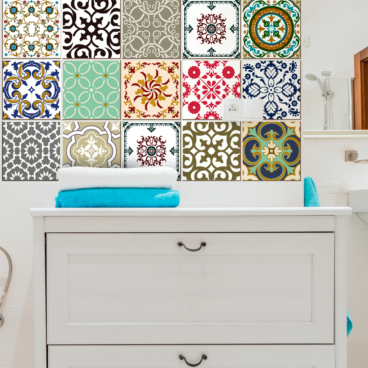 16 stickers carrelages azulejos style design coloré