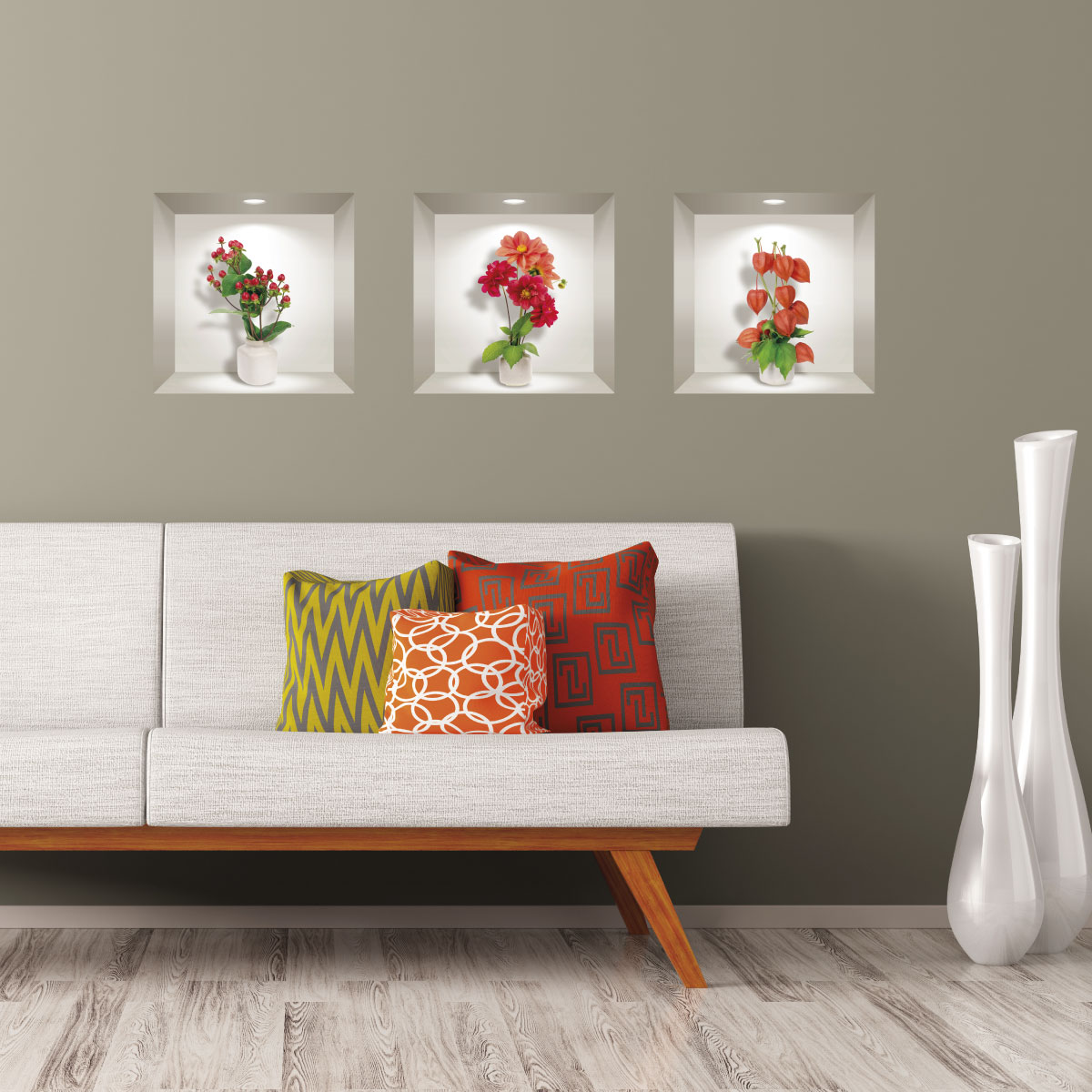 3 mursticker 3D effect rode Dahlia, oranje en bessenbloemen
