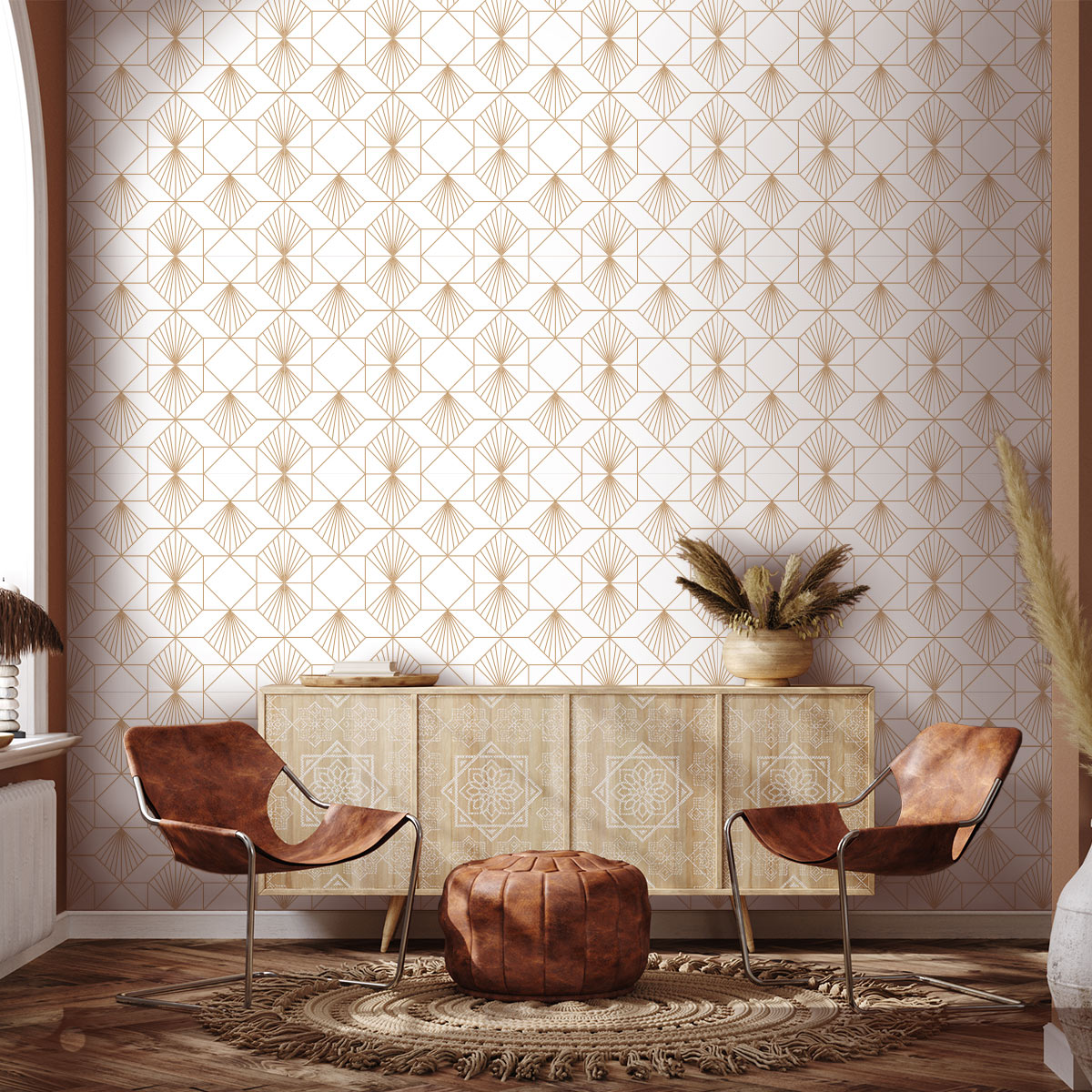 Vorgeklebte Tapeten weißes geometrisches Art-Deco-Muster H300 x B60 cm