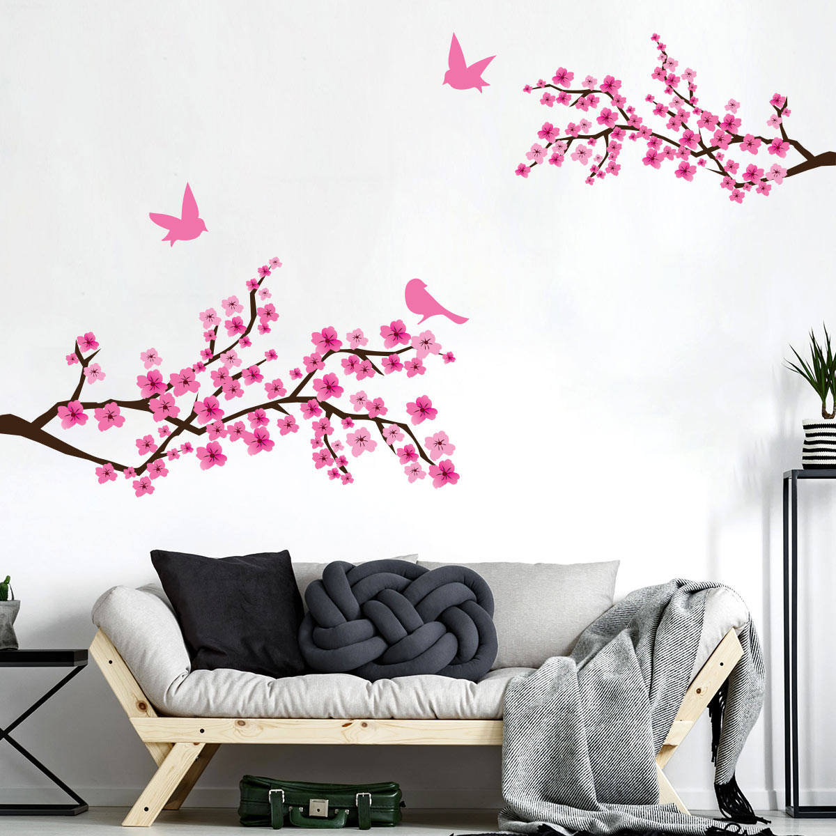 Wall decal 2 branches of Japanese cherry tree and 3 birds