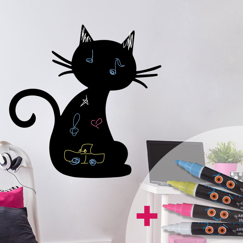 Muursticker Schoolbord zwarte kat + 4 vloeibare krijtjes