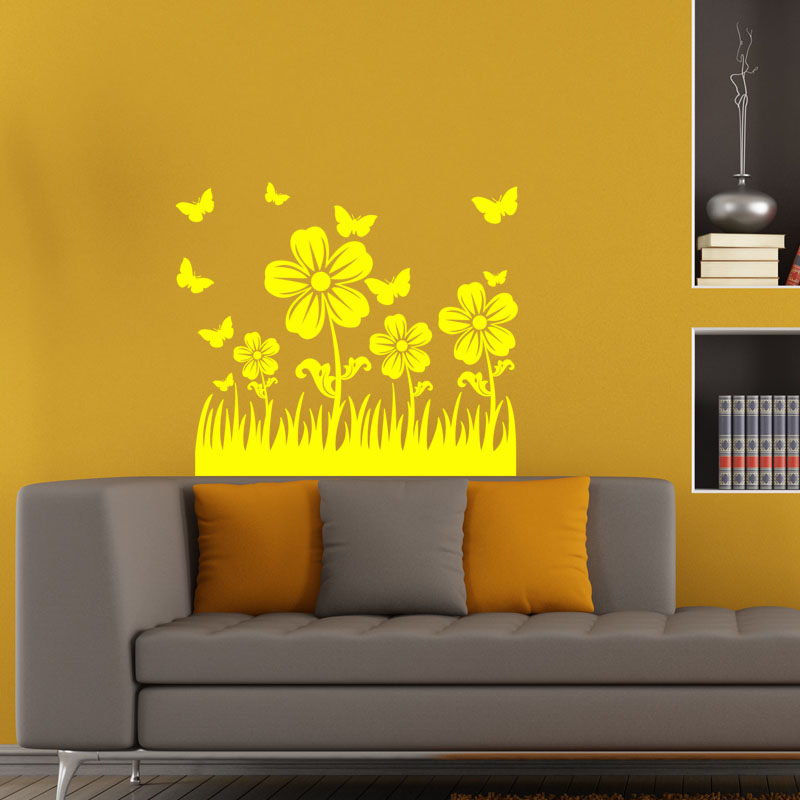 Stickers muraux déco : champ de fleurs papillons - Art Déco Stickers
