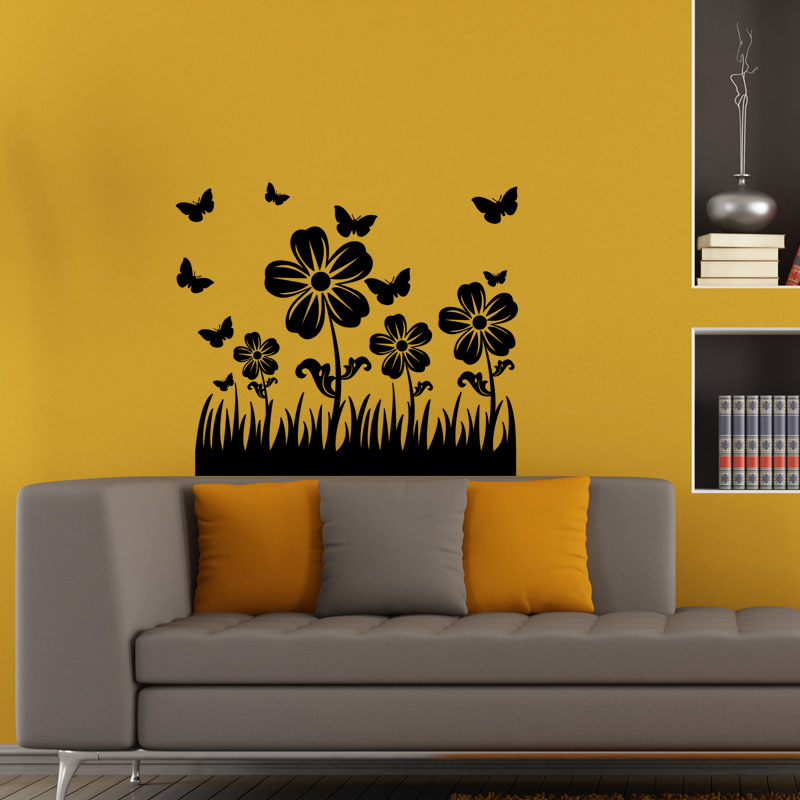Stickers muraux déco : champ de fleurs papillons - Stickers muraux