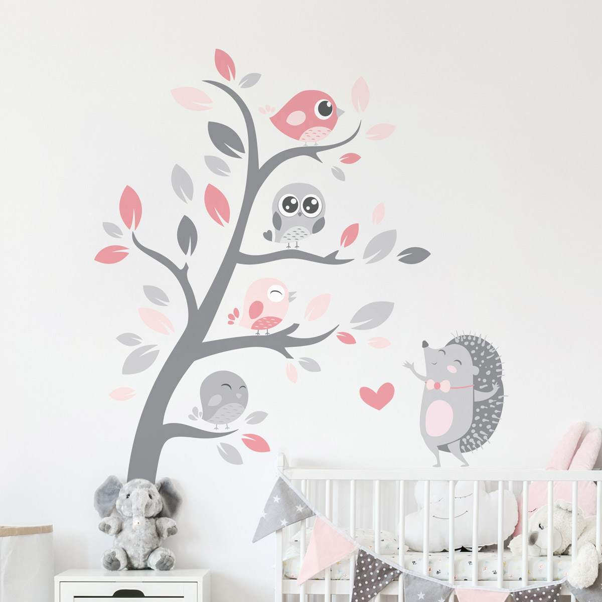 Hedgehog and happy friends birds wall decal