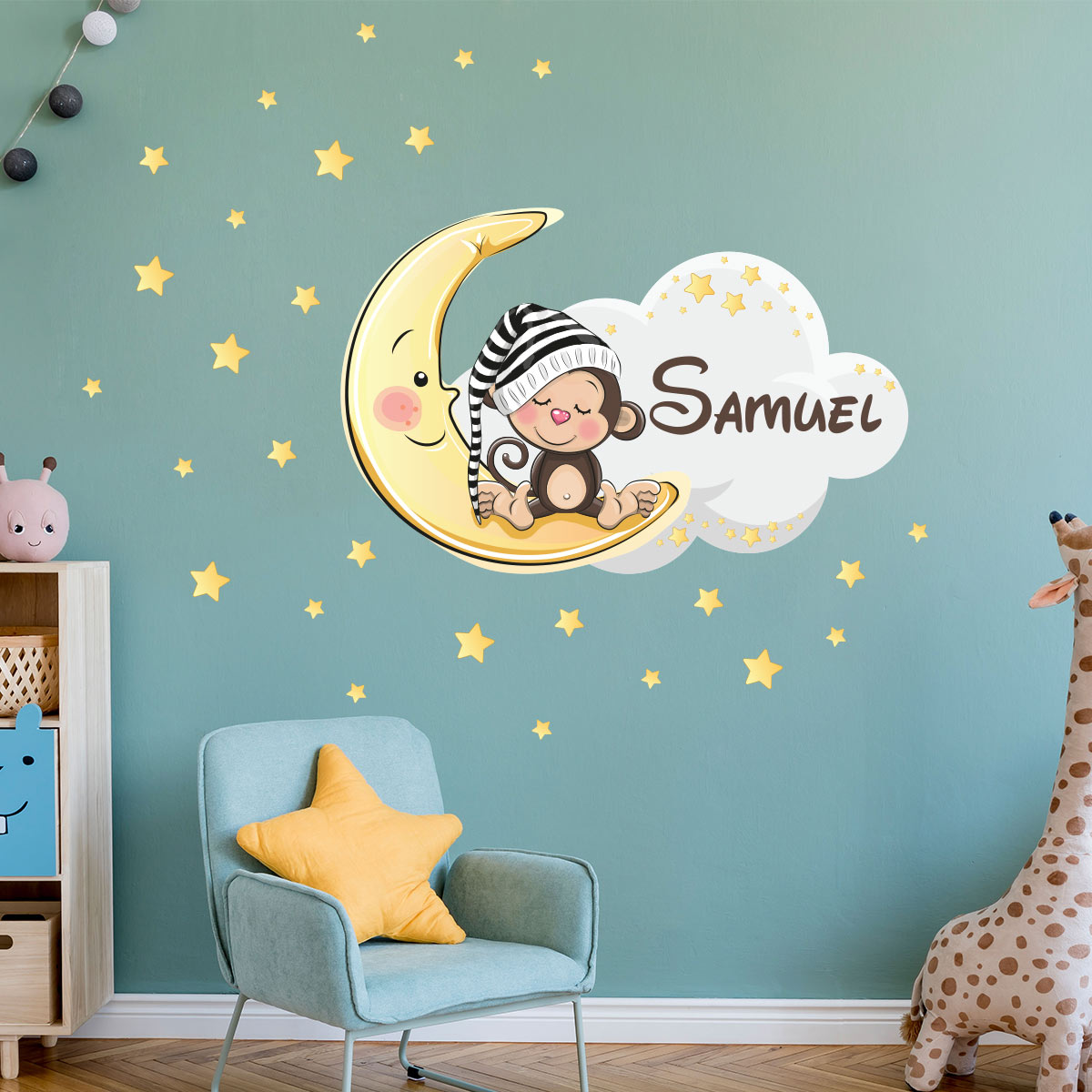 Wall decal monkey on the moon customizable names