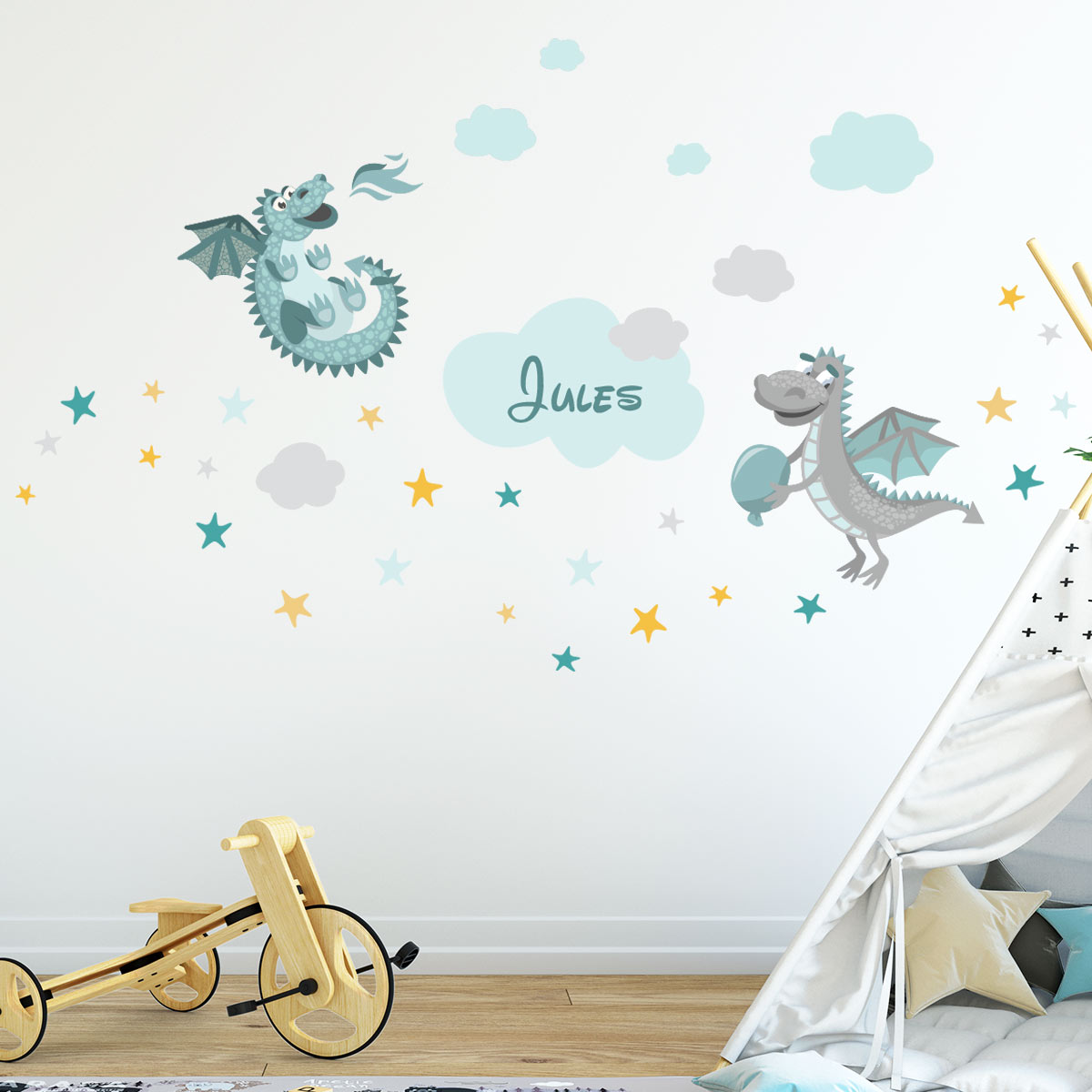 Wall sticker turquoise and gray dinosaurs customizable names