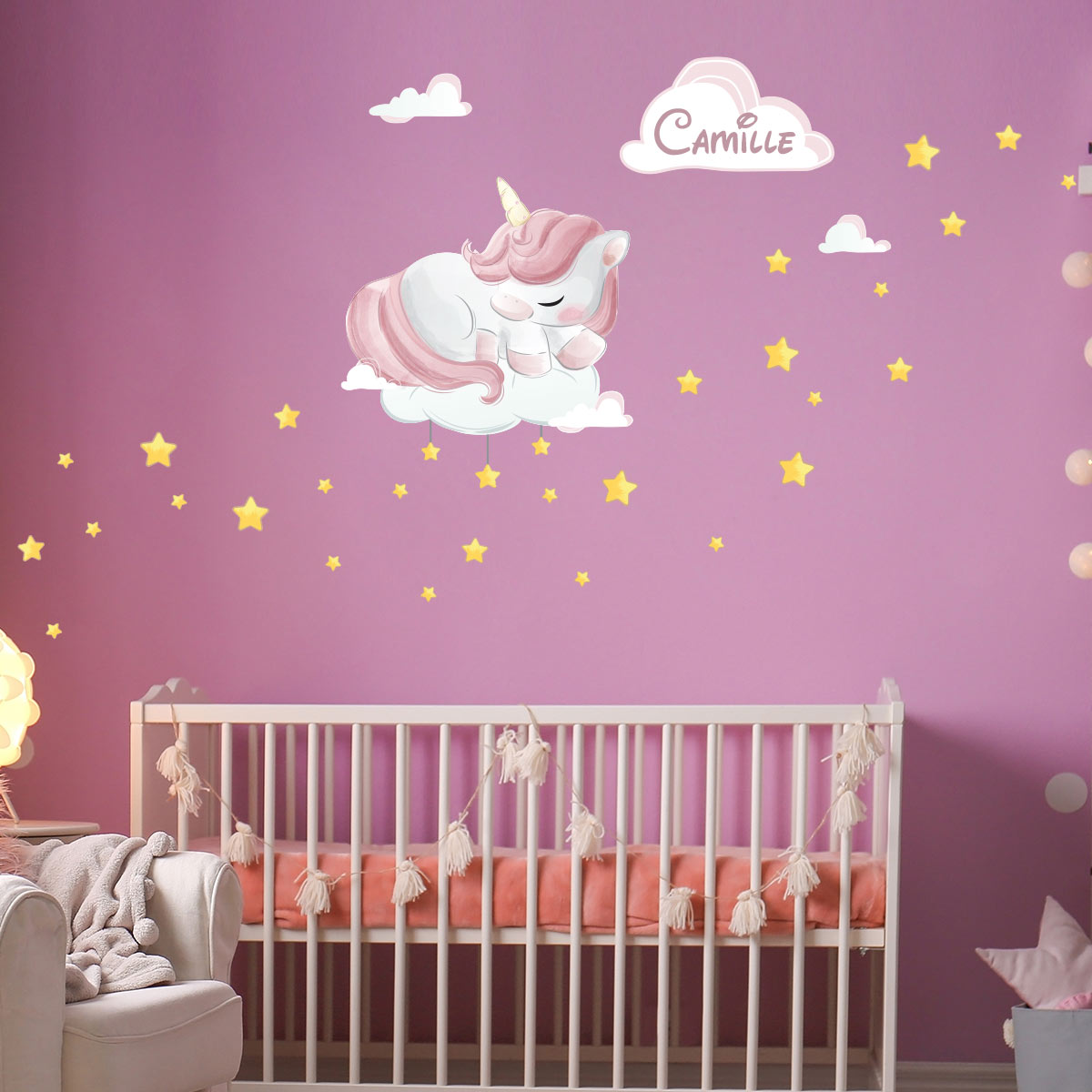 Wall sticker unicorn on the cloud and stars customizable names