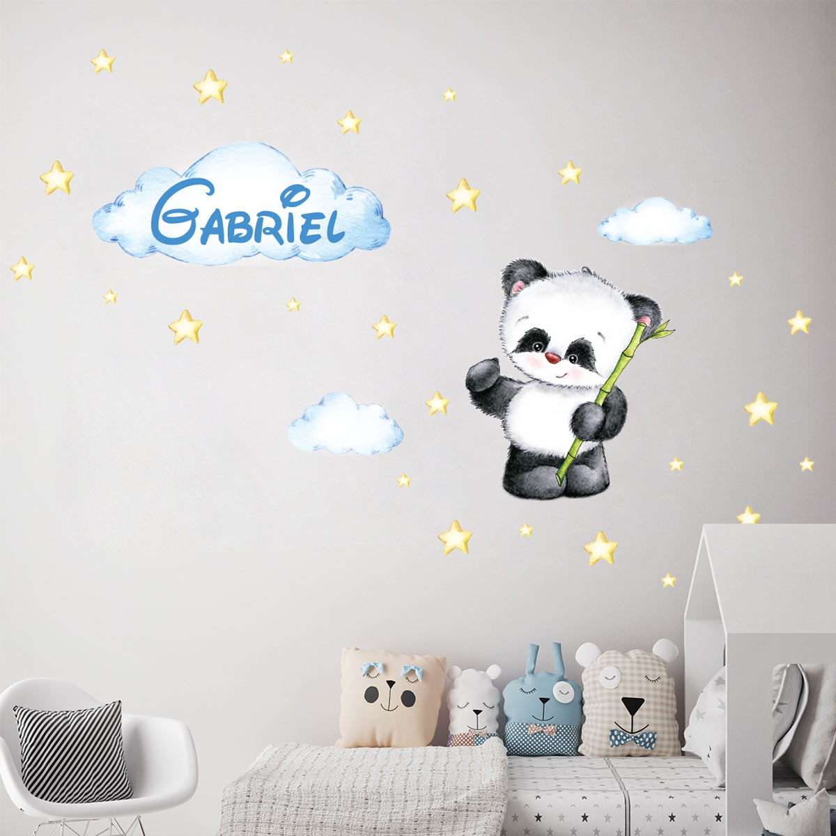 Sticker personnalisé prénom panda avec son bambou + 70 étoiles