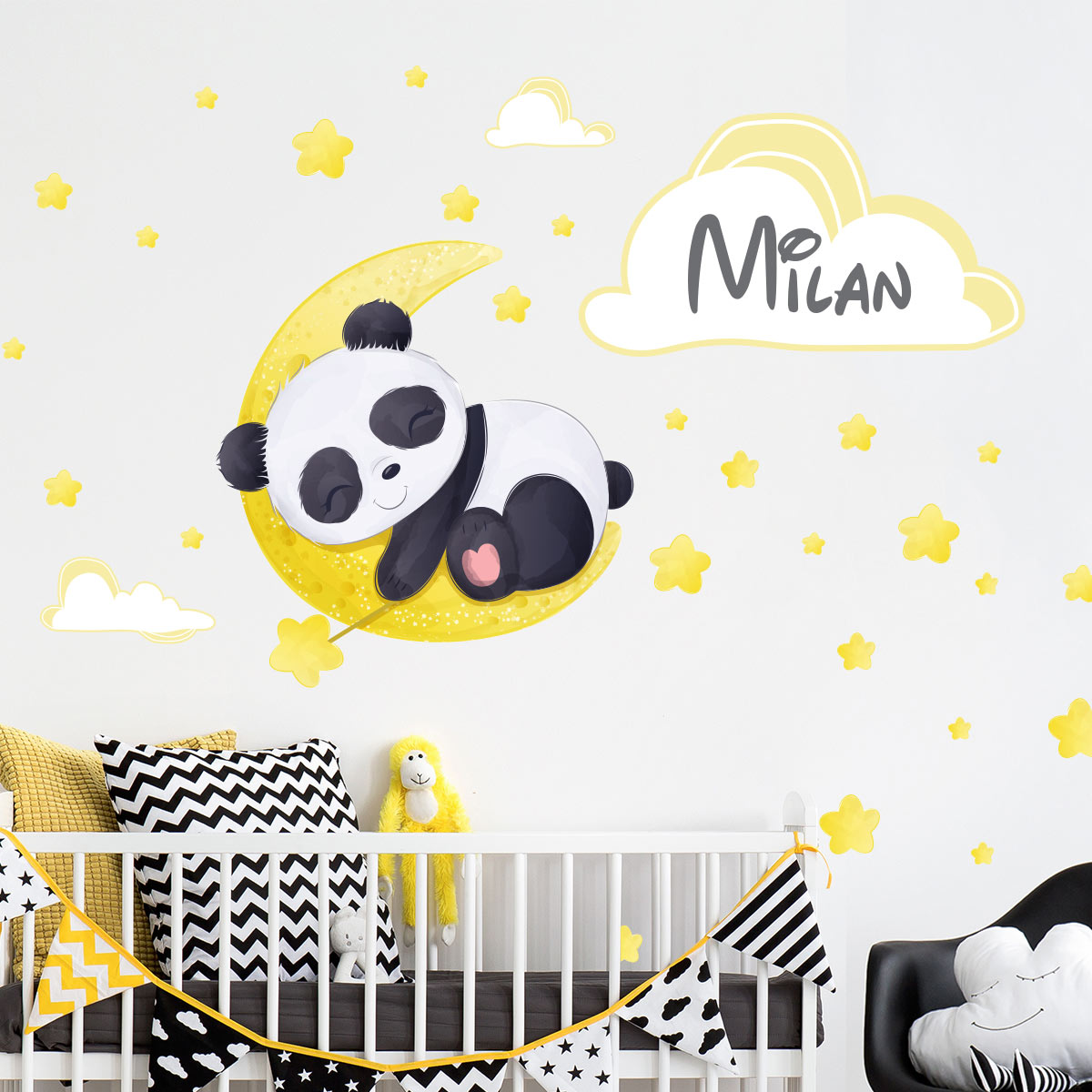Sticker personnalisé prénom panda rêveur + 40 étoiles