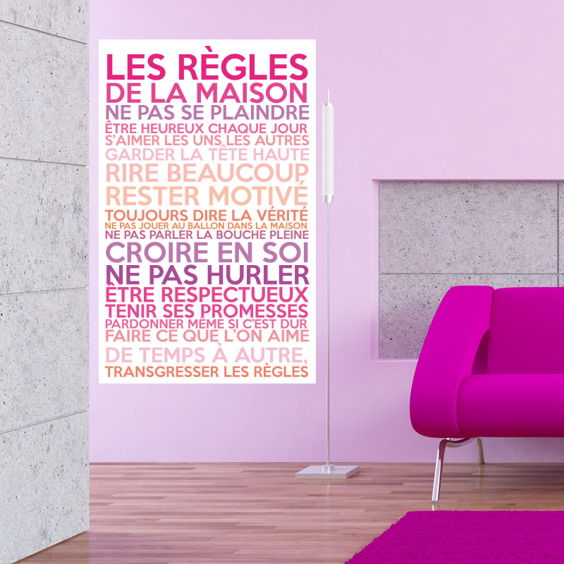 Sticker poster les règles de la maison couleurs girly