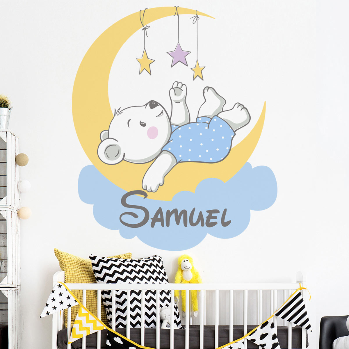 Sticker prénom personnalisé bébé ourson couché sur la lune
