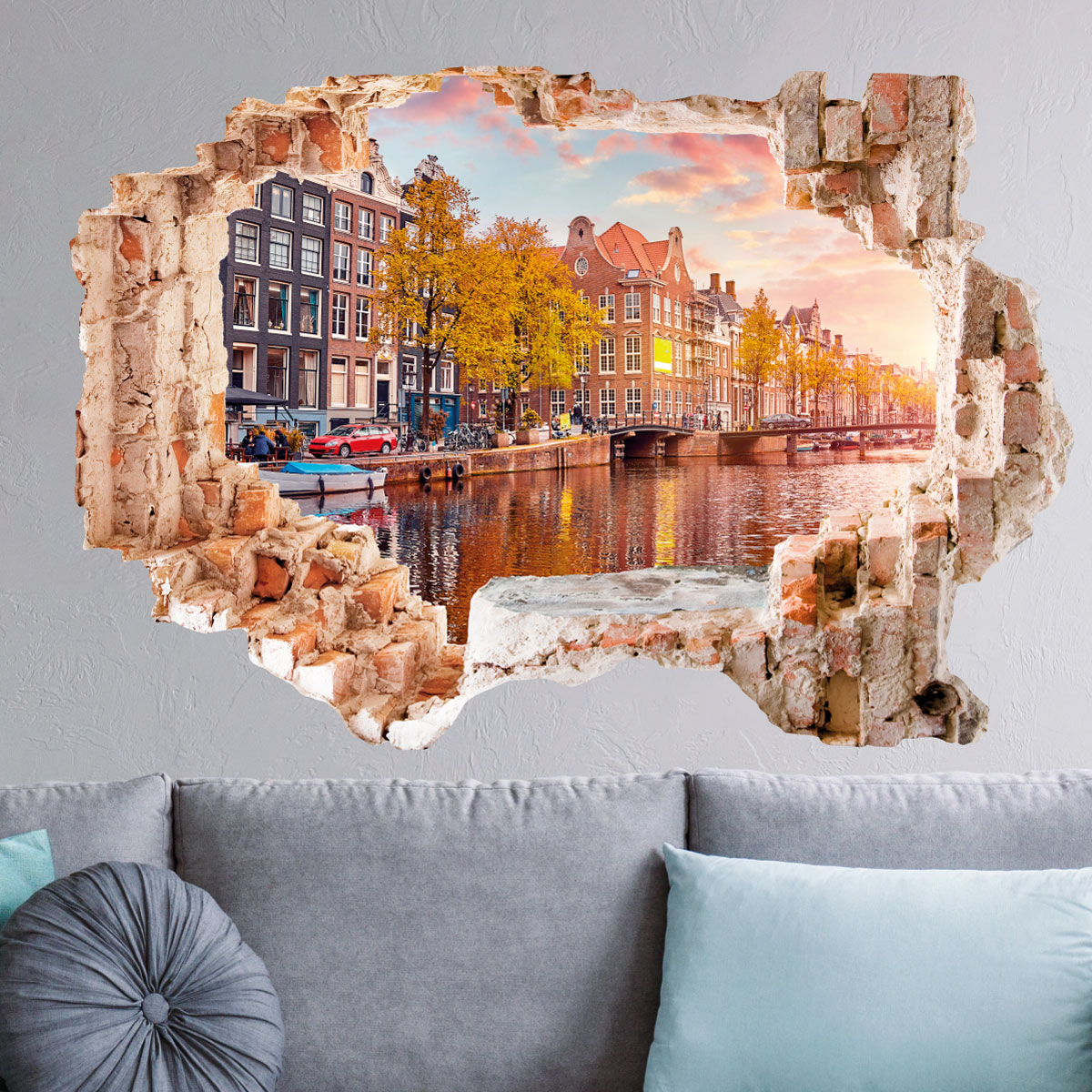 Sticker trompe l'oeil Amsterdam en bord de rive