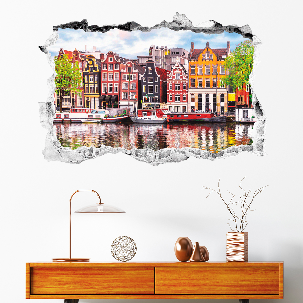 Sticker trompe l'oeil Amsterdam et ses bateaux